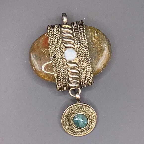 Jewelry - Jasper Stone Pendant Wrapped In Silver Filigree Tribal Boho Ethnic J414